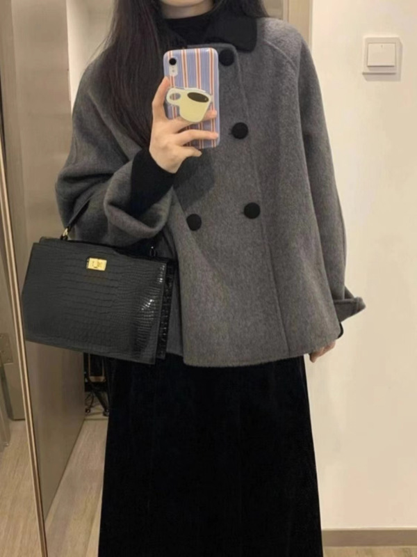 灰色短款呢子大衣女秋冬娃娃领复古加厚小个子韩系赫本风毛呢外套|undefined
