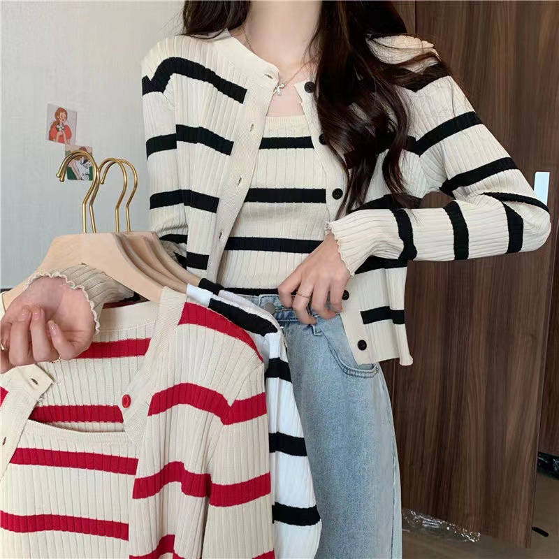 81g Weight Long Sleeve Sleeve Length Single Breasted Placket Type Ice Silk, Polyester Fabric Type Short Top Length Knitwear Tops Type Daily Occasion Round Neck Neckline Slim Fit Type Stripe Pattern Spring, Autumn Season Women's Gender Casual Style Wholesale Women's Ice Silk Polyester Casual Stripe Long Sleeve Sweaters & Cardigans 24