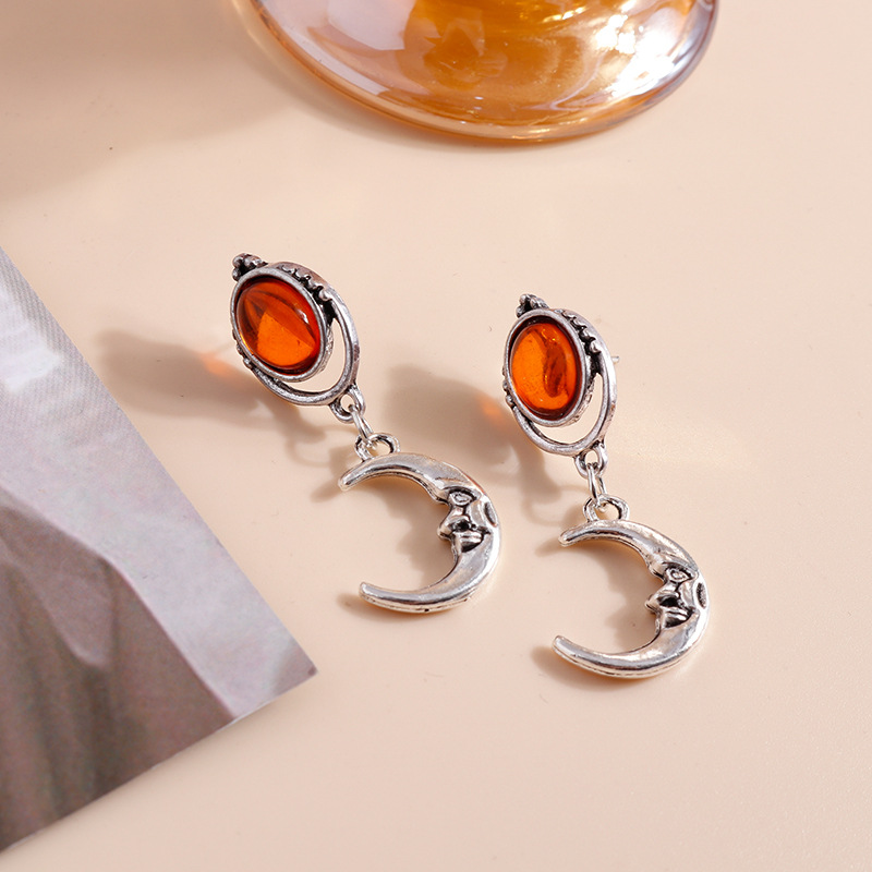 jewelry fashion OL retro crystal gem moon alloy ear hook earrings