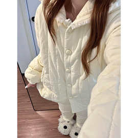 温柔奶白色花边夹棉睡衣女冬季新款长袖加绒保暖家居服套装可外穿