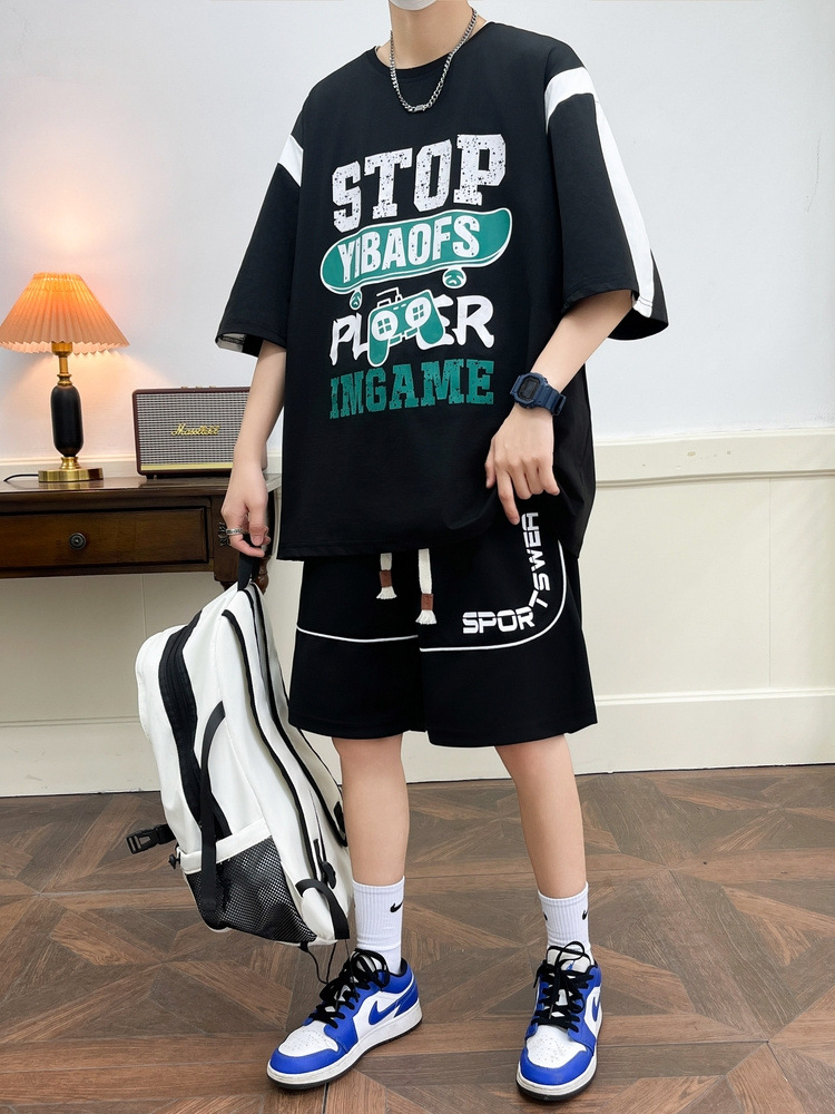 2025 verano camiseta de manga corta hombre relajado diario casual set de manga de cinco partes de moda japonesa fresca