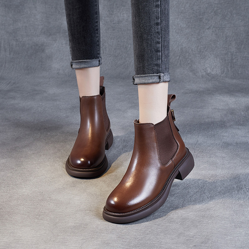 Short Boots Women's Fall/Winter 2022 New Single Boots British Style Flat Heel Metal Chelsea Boots Soft Bottom Leather Shoes