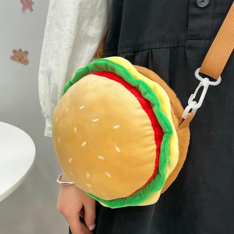 Hamburger-shaped children's crossbody bag, cute cartoon plush shoulder bag for girls, versatile and fashionable cute backpack for going out