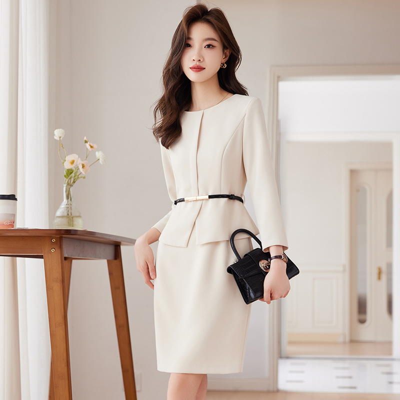 Business wear beige dress women's autumn 2023 New elegant slim-fit goddess fan fake two-piece overalls skirt