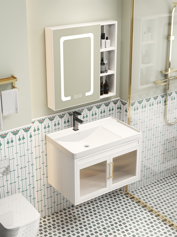 Luz nórdica de lujo espacio de aluminio gabinete de baño mesa de lavado lavabo gabinete de baño lavabo combinación de cerámica cuenca integrada