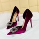 1363-K83 Banquet High Heels Thin Heels Thickened Suede Pointed Side Hollow Metal Water Diamond Buckle Ultra High Heel Single Shoes