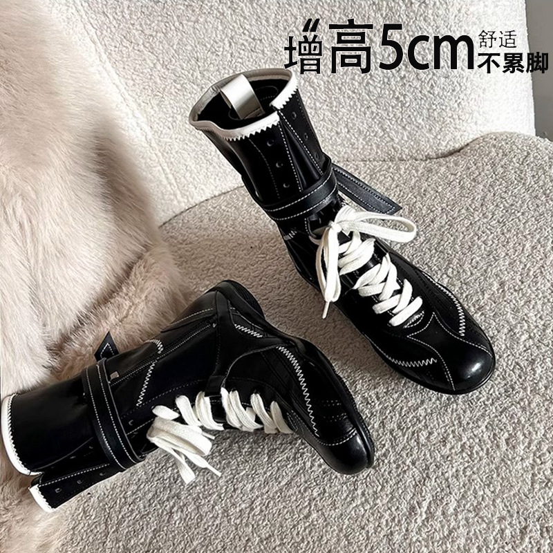 平底内增高拳击靴女士复古超绝马丁靴圆头拼色系带户外猎鸭靴ins