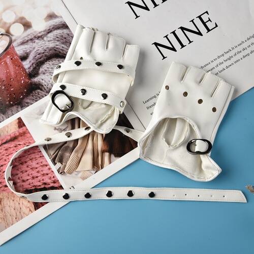 Performance Half Finger Gloves Women's Rivet Gloves PU Gloves Fashion Punk Thunderbolt Stage Street Dance Motorcycle Gloves