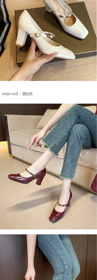 Giày cao gót nữ mũi vuông gót dày quai ngang thanh lịch đi làm, gót 6–8 cm — Màu trắng nhạt, rượu vang đỏ, đen chi tiết 9
