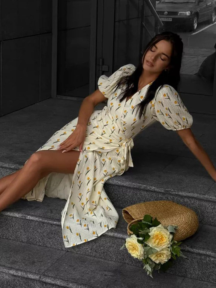 Đầm liền cotton in hoa cổ chữ V tay bồng buộc dây lưng cao — Hoa oải hương, Hoa tulip màu hồng, Màu be, Màu hồng chi tiết 64