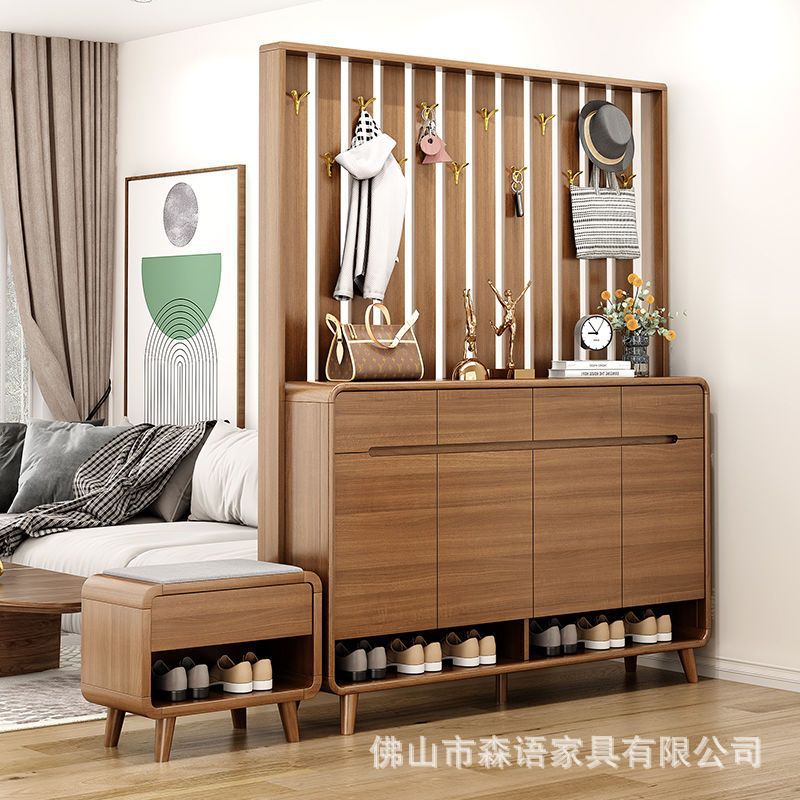 Clothes Rack, Shoe Cabinet Set, Integrated Home Living Room Entrance Partition Cabinet, Solid Wood Color Storage Cabinet, New Style with Shoe Changing Stool