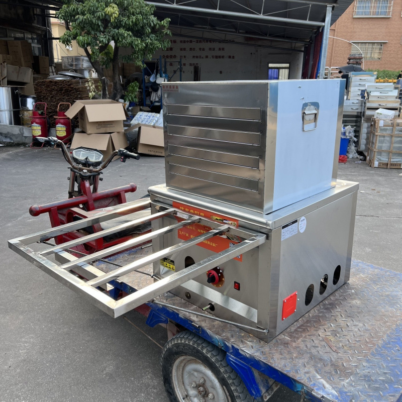 Longjingding modelo de coche de tres ruedas máquina de salchichas de gas vapor comercial multifuncional horno de salchichas de vapor de desayuno cabina completa