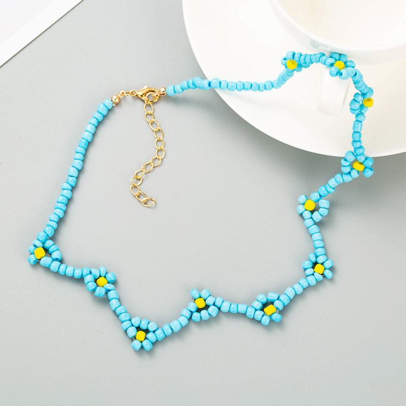Bohemian Blue Rice Beads Beaded Geometric Short Necklace Accessories Women display picture 3