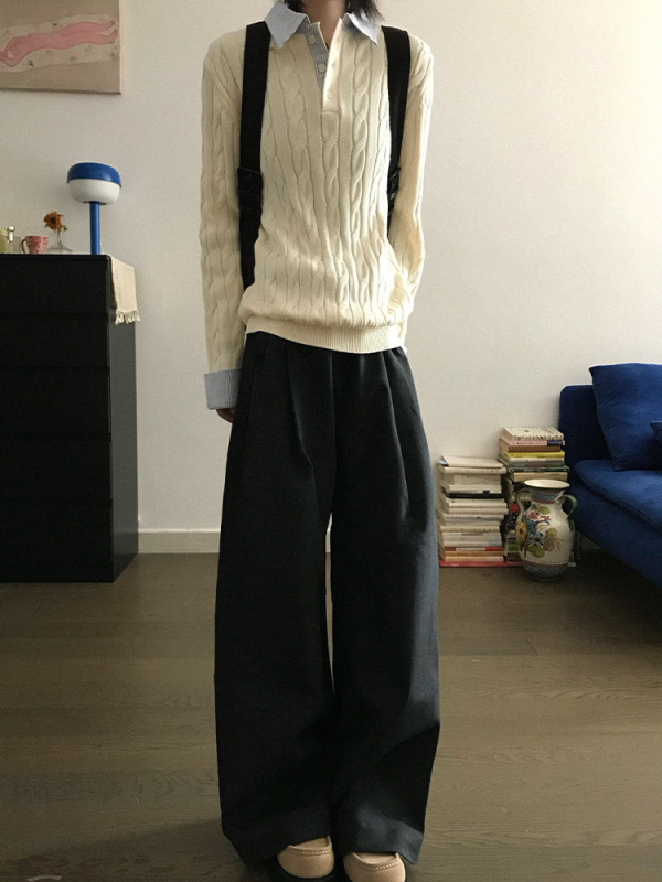 绞花假两件拼接条纹亨利领毛衣男款秋季慵懒高级感cleanfit针织衫|undefined