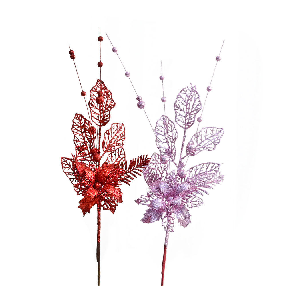 Decoración de árbol de Navidad con flores de polvo dorado, suministros para crear ambiente festivo, ramas simuladas, decoraciones de bayas, lirio de polvo dorado.