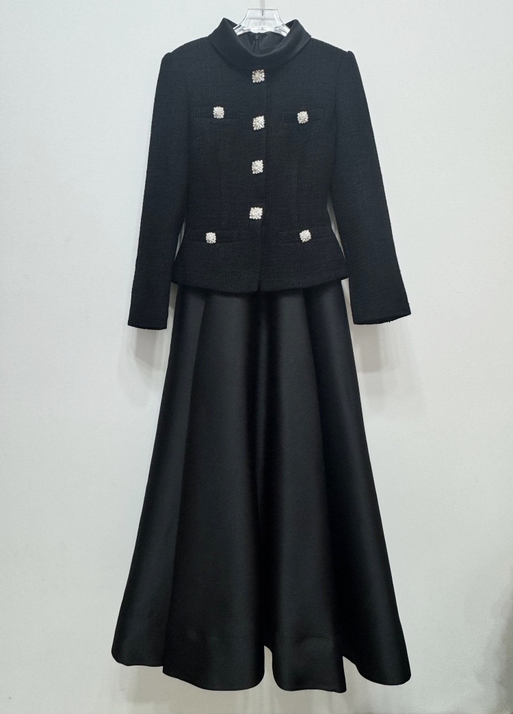 2025 Autumn Winter New Women's Black Tweed Patchwork Elegant Long Sleeve Small Stand Collar Dress Evening Gown_ecoleips.com