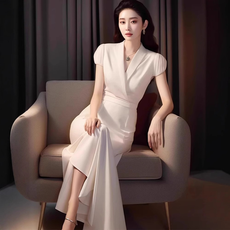 2993 high-end exquisite temperament, socialite, goddess, fan high-class sense, upper-class formal occasions, white dress autumn