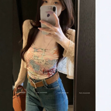 印花美式复古双层吊带背心网纱面料长袖外衫罩衫女士两件套装女