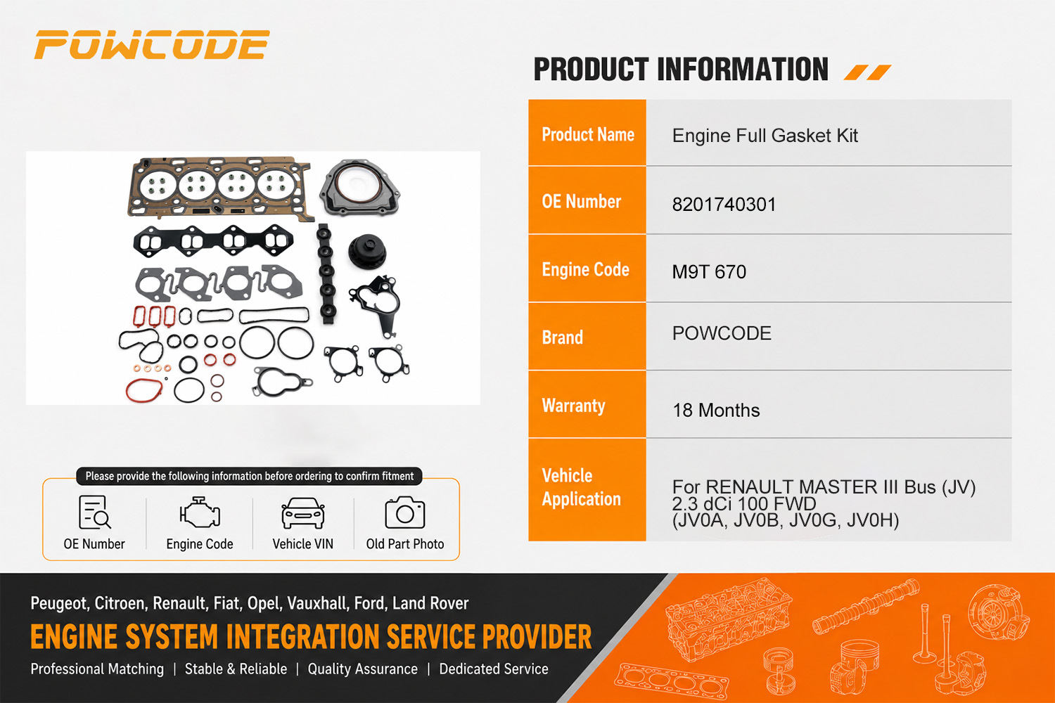 8201740301 is a complete gasket repair kit suitable for the Renault M9T 670 2.3dci engine