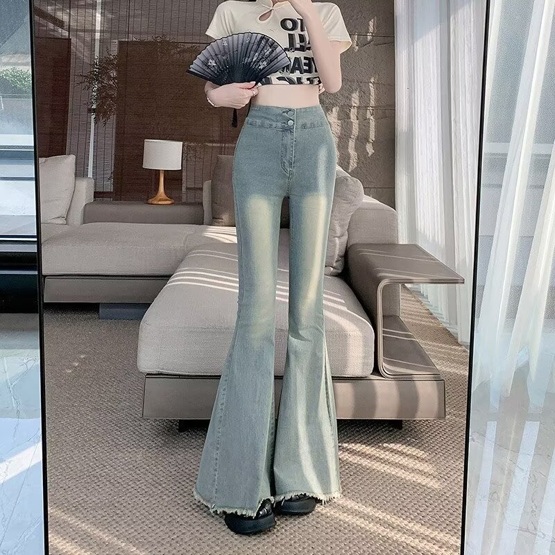 Vintage Washed Fur-Edge Big Bell Pants Women's Spring and Autumn New Slim-Fit Slimming All-Match Weak Fishtail Jeans Ins