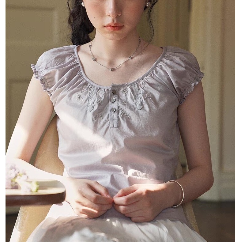 Six-In-One French Embroidered Lace Collar Short Shirt Round Neck Short-Sleeved Shirt Top Women's Design Slim Shirt