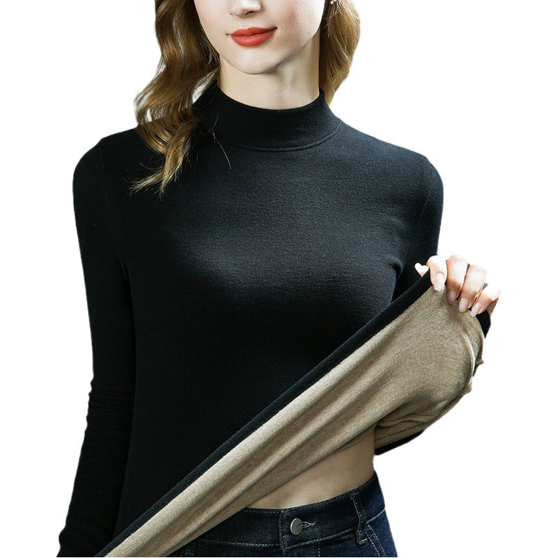 Женская термофутболка из шерсти и шелка на осень/зиму 2025 года, новая женская нижняя одежда, теплый флисовый термотоп для женщин, на флисовой подкладке и утолщенный.