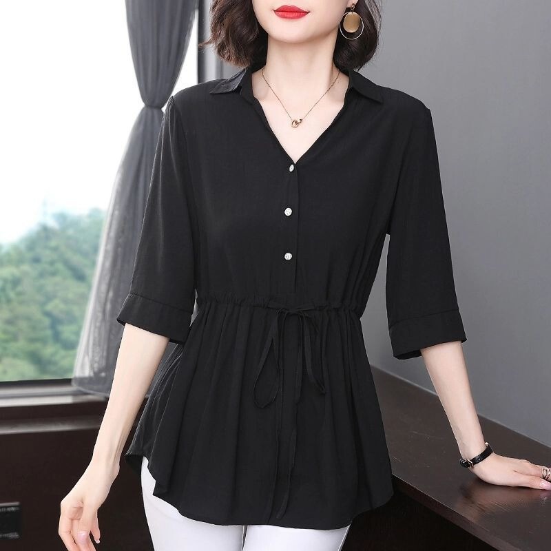 300 Jin Large Size Women's 2022 New Shirt Women's Summer New Seven-point Sleeve Top Chubby Girl Middle Sleeve Shirt Fashion