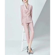 现货厂家批发粉色西装套装女休闲洋气修身气质双排扣西服外套女士