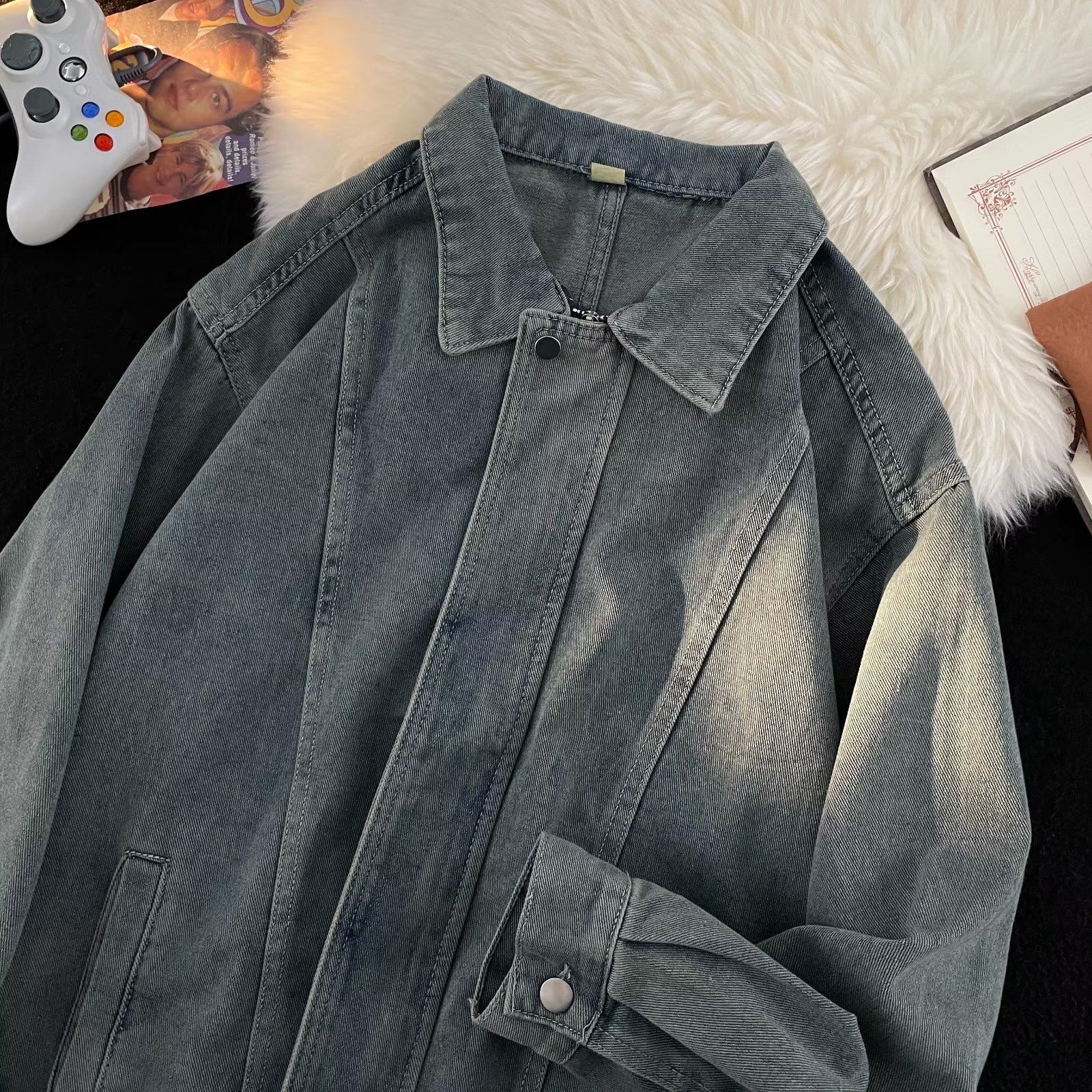 Retro design denim spring jacket with zipper for men and women