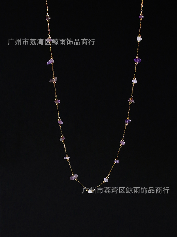 Xl092 Amethyst Irregular Golden Balls Gravel Crystal Necklace Short Chain Titanium Steel Plated 18k Gold Color Protection Live Broadcast display picture 11