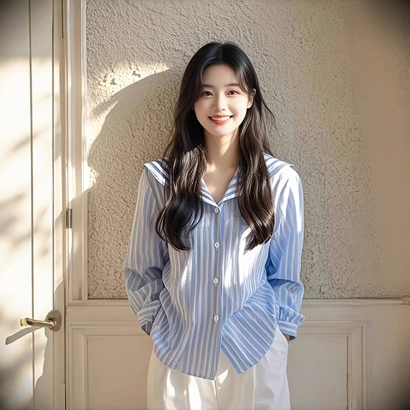 Blue Stripesd Navy Collar Long-Sleeved Shirt 2025 Spring New Women's Korean Chic Chic Fashion Top
