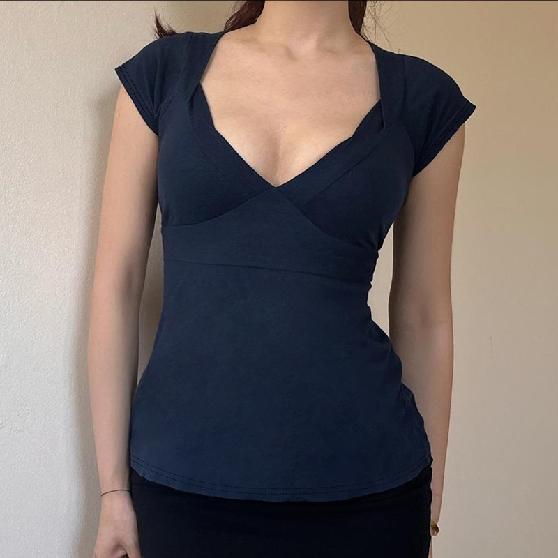 Girl's Style Short-sleeved Top With Tie-up Bow, Waist-cinching, Slimming, Sexy V-neck, Casual And Versatile_ecoleips.com
