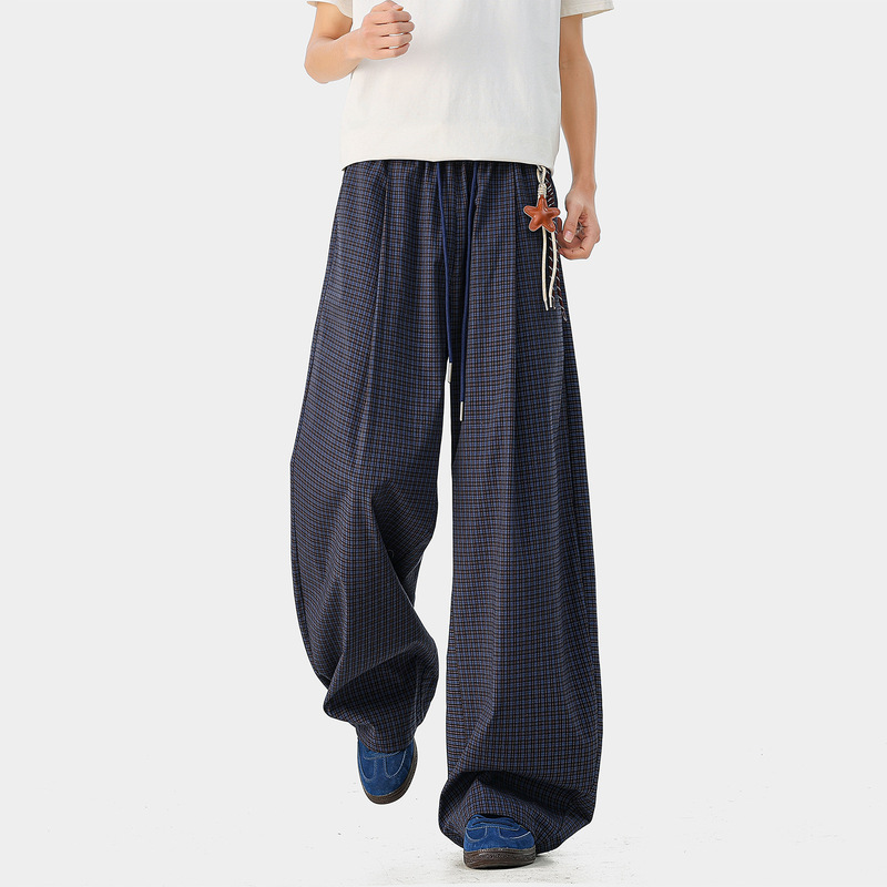 Navy Blue Fine Checkered Wide-Leg Casual Pants with Drawstring Waistband Design and Starfish Pendant Embellishment, High Street Fashion Brand Loose-Fit Men's Clothing Navy Blue Fine Checkered Wide-Leg Casual Pants with Drawstring Waistband Design and Starfish Pendant Embellishment, High Street Fashion Brand Loose-Fit Men's Clothing