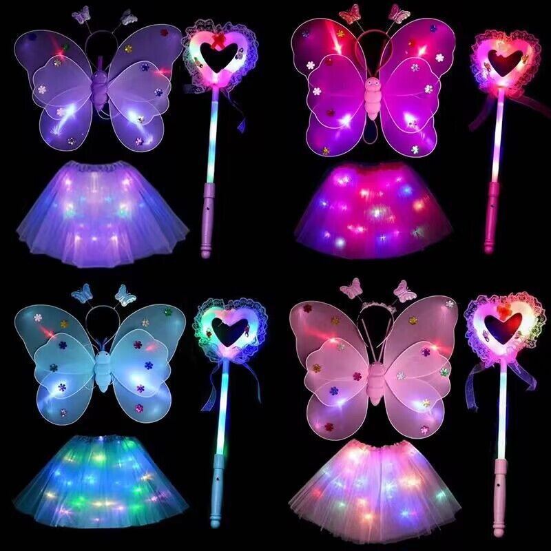 Children's Angel Glow Butterfly Wings Back Decoration Toy Little Girl Magic Wand Performance Fairy Princess Pink Dress