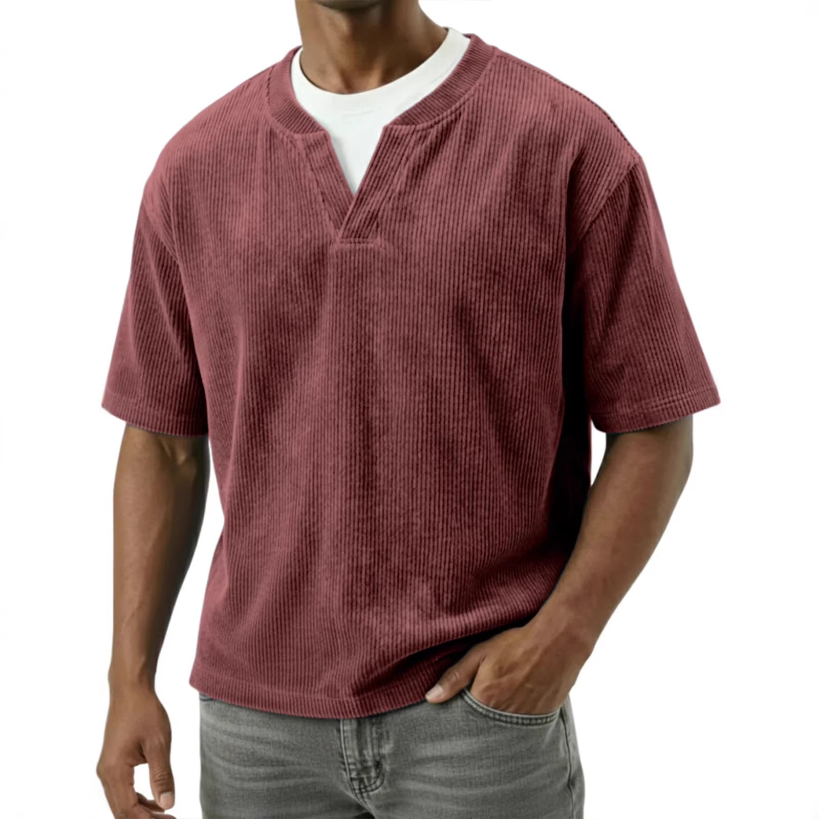 T-shirt casual da uomo a maniche corte, doppio colletto, finto velluto a coste, bianca e nera, primavera/estate, stile europeo/americano, cotone, pezzo unico_voghion.com