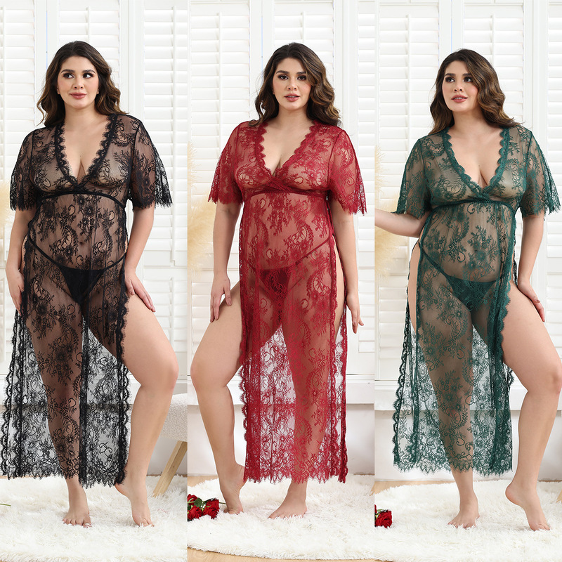 Cross-Border Foreign Trade Sexy Lingerie Lace Mesh See-Through Sexy Plus Size Long Dress Sexy Long Set 7235