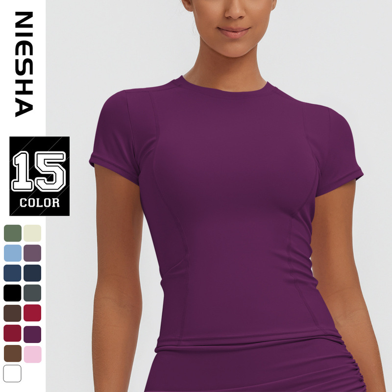 Cross-border new product: Solid color round-neck thin yoga wear, tight-fitting training T-shirt, sports short-sleeve top, running and fitness wear
