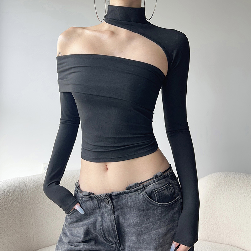 Cool and Handsome Elegant Sexy Hollow Design Hot Girl Long Sleeve T-shirt Simple Black Royal Sister Casual Base Top Cool and Handsome Elegant Sexy Hollow Design Hot Girl Long Sleeve T-shirt Simple Black Royal Sister Casual Base Top