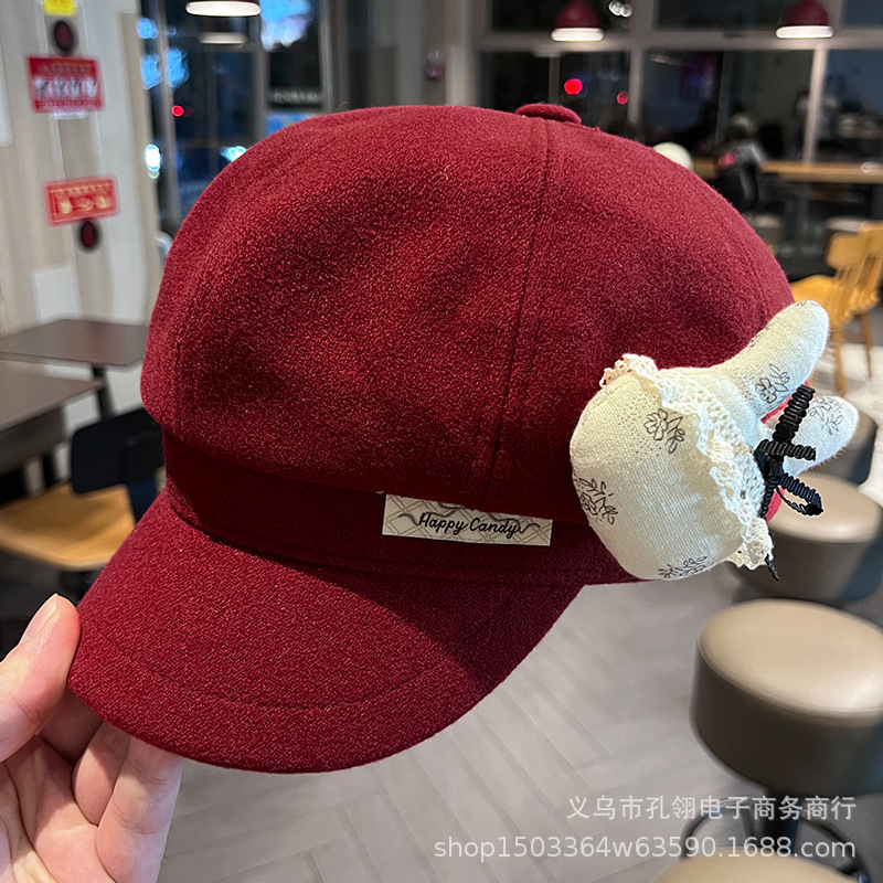 可爱卡通蕾丝兔子八角帽子女秋冬时尚保暖毛呢报童帽显脸小鸭舌帽|undefined
