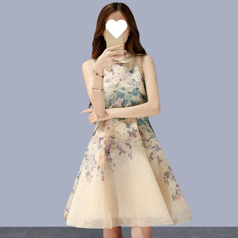 Papaya Milk Summer New Korean Style Elegant Waist Slimming Look A-Line Skirt Doll Collar Sleeveless Printed Waist Dress Papaya Milk Summer New Korean Style Elegant Waist Slimming Look A-Line Skirt Doll Collar Sleeveless Printed Waist Dress