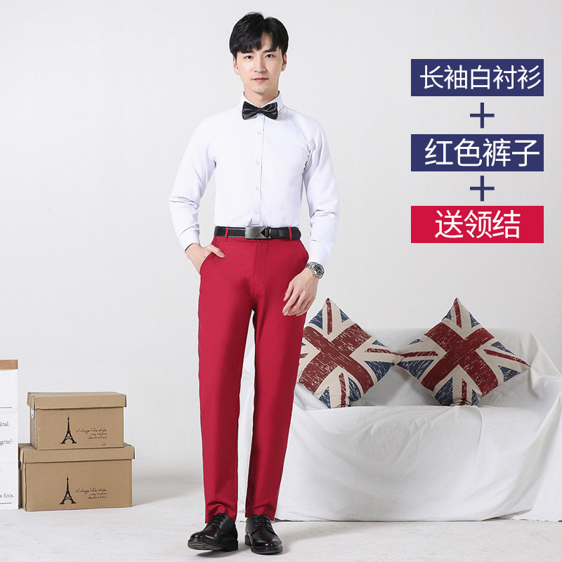 Long-sleeved white shirt + red pants with free bow tie / M