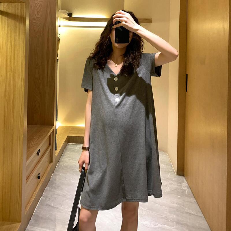 Maternity's Summer Dress Western Style T-shirt Fashionable Trendy Mom's Outer Wear Lactation Skirt Loose Midi Large Size Pregnant Women's Dress