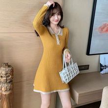 秋冬长袖针织连衣裙女收腰显瘦气质法式甜美配大衣的打底毛衣裙
