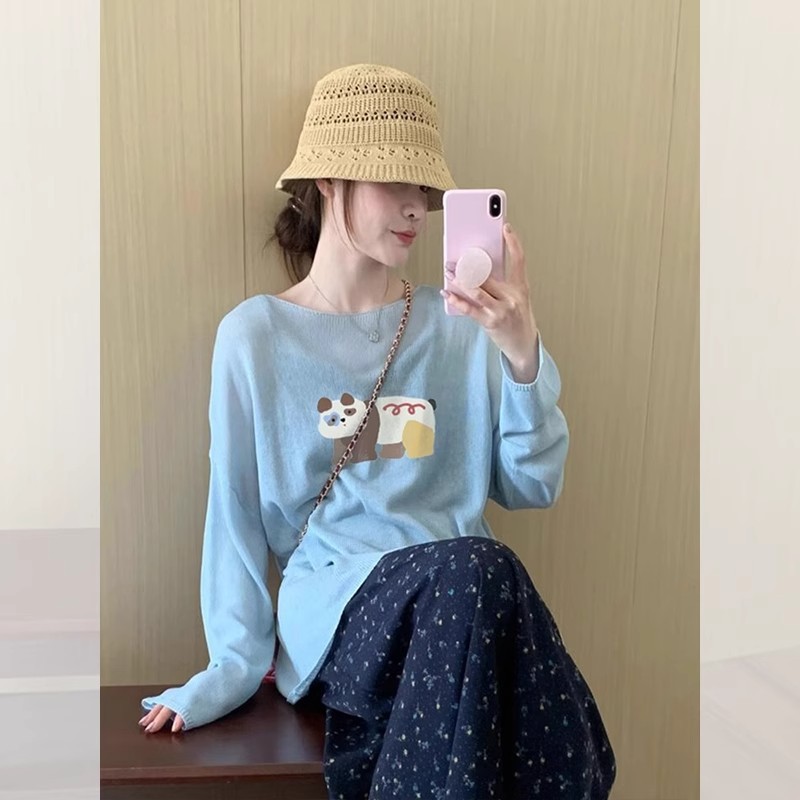 Korean-Style Design Blue Sun-Protective Ice Silk T-Shirt for Women, Summer Thin Loose Knit Cover-Up Top