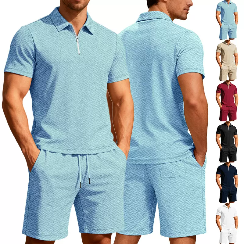 欧美跨境亚马逊夏翻领商务拉链两件套毛巾提花布男式休闲运动套装