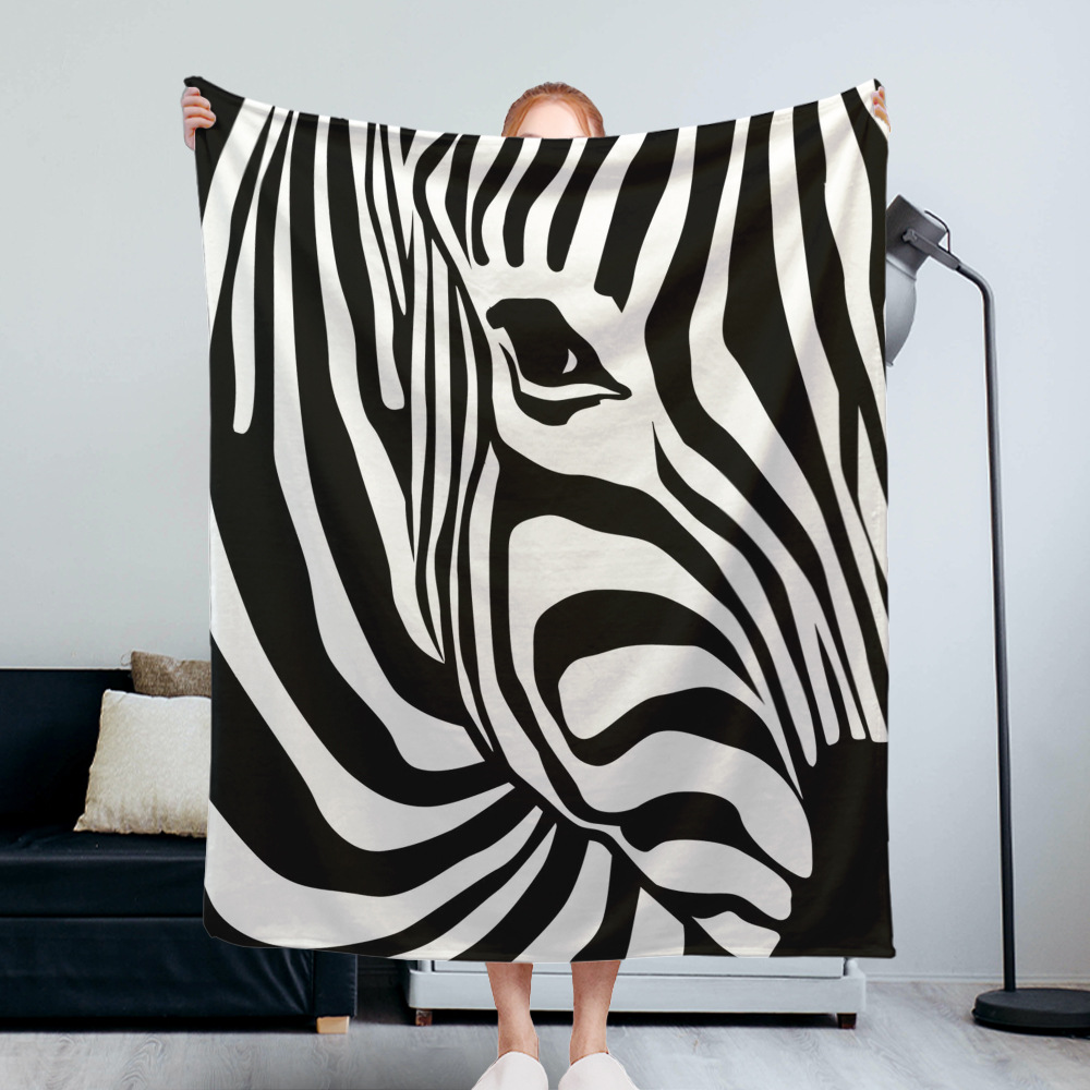 Temu跨境数码印花黑白斑马纹艺术法兰绒毛毯外贸亚马逊批发Y2代发