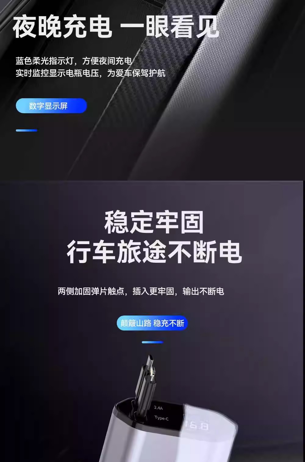 Digital display car charger with retractable cable, PD car fast charger, super fast charger, 5-in-1 cigarette lighter, cross-border