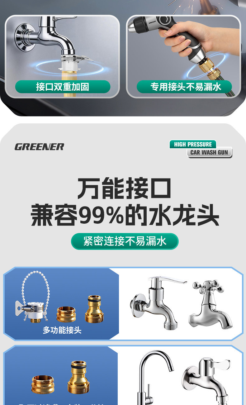 Green Forest High-Pressure Car Wash Water Gun for Home Use, Window and Yard Cleaning, Telescopic Hose, Connects to Tap Water, Powerful Pressure-Boosting Nozzle