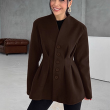 欧美风秋冬设计感收腰长袖v领小西装外套女通勤百搭气质毛呢大衣