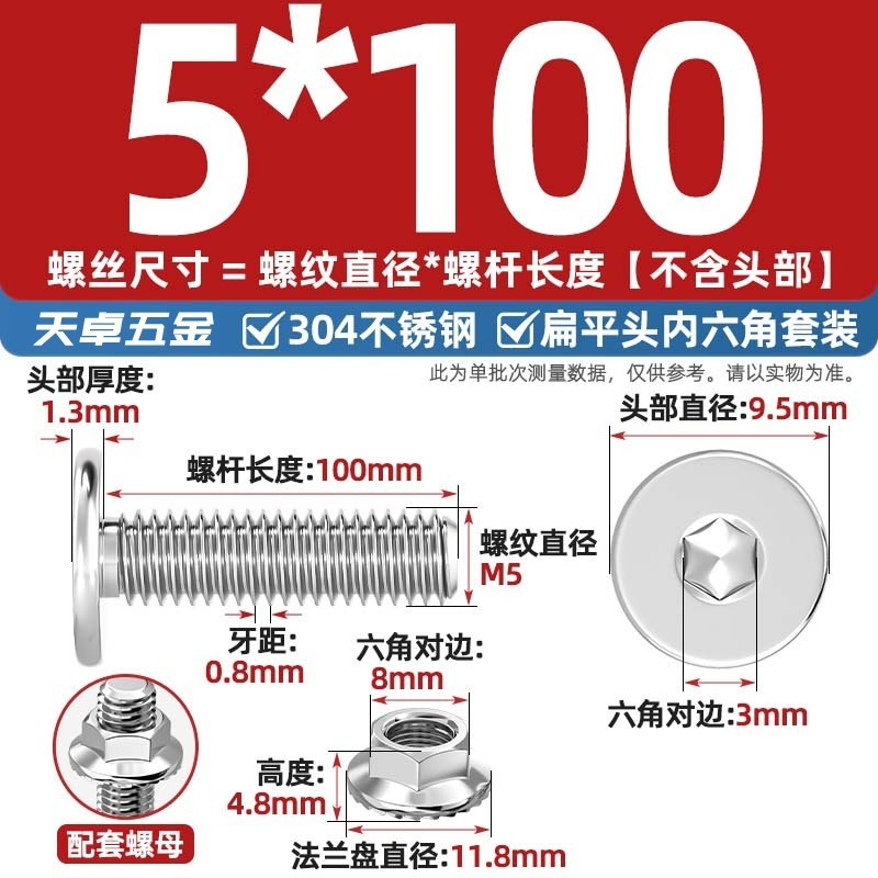 304不锈钢CM大平头超薄头C头扁平头内六角螺丝钉法兰边螺母套装M5|undefined